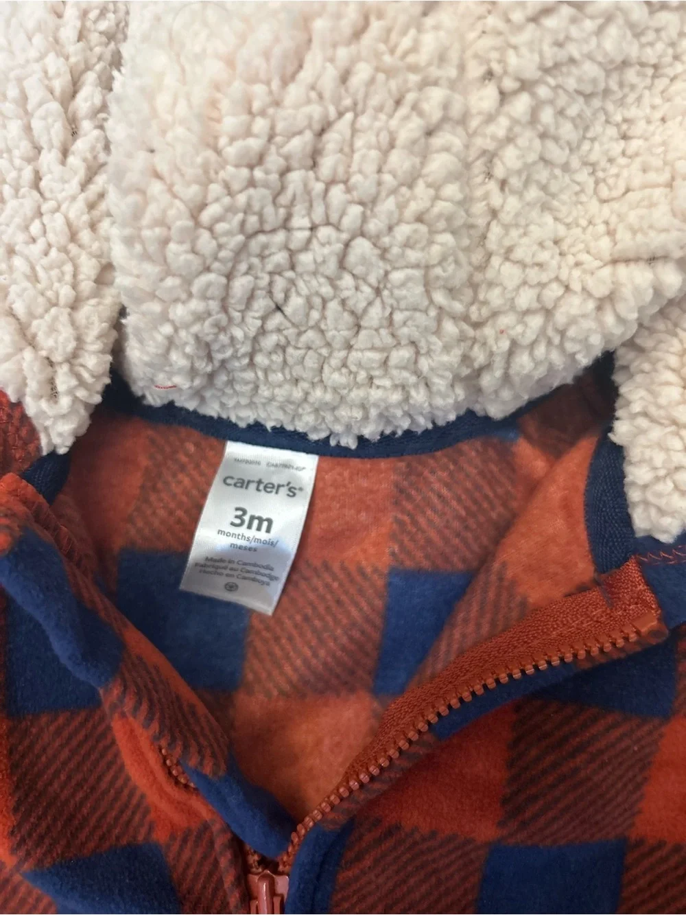 0-3M Baby Boy Cozy Buffalo Plaid Hooded One-Piece - Red & Navy